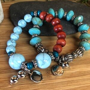 2 Piece Chunky Turquoise, Wooden and Silver Beaded Stretch Bracelet